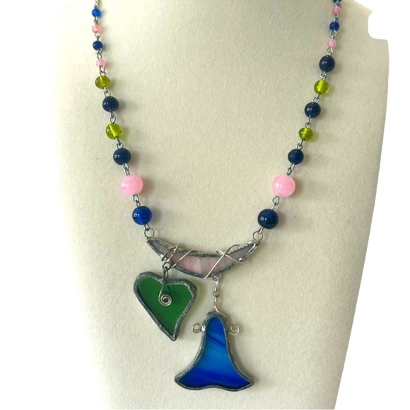 Jewelry - Vintage Island Magic Stained Glass Necklace with Heart and Bell Pendants